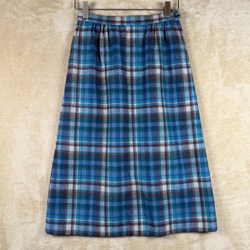 Pendleton Petite 6 Wool Plaid Midi Skirt Blue‎ Burgundy Vintage Made in USA